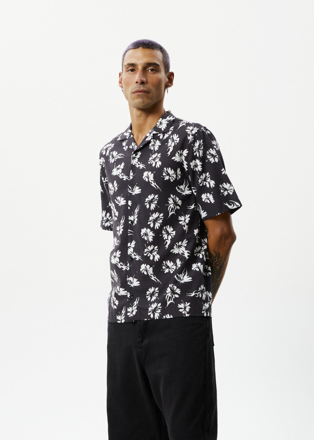 AFENDS Mens Hibiscus - Cuban Shirt - Black 