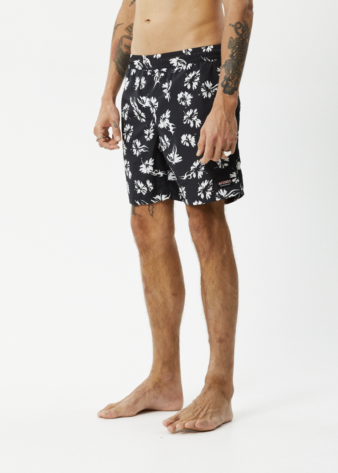 AFENDS Mens Hibiscus - Swim Short 18" - Black 