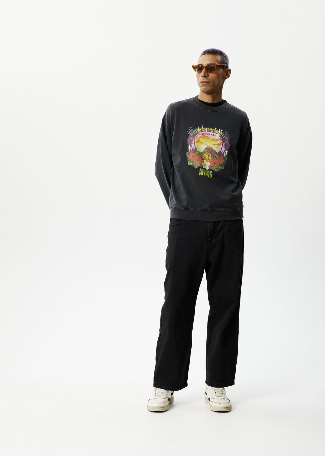 AFENDS Mens Holiday - Crew Neck Jumper- Stone Black 