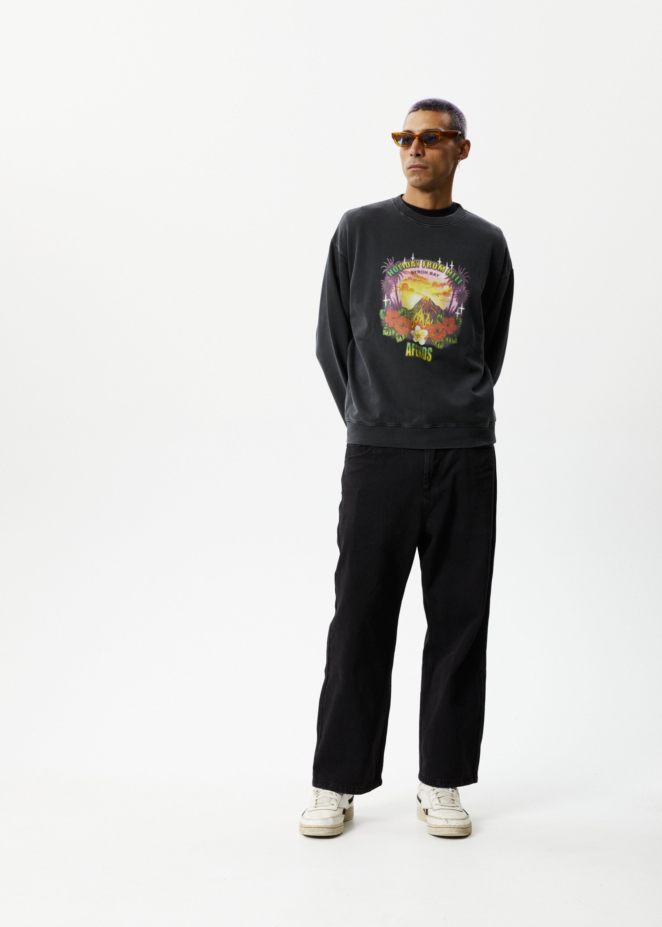 AFENDS Mens Holiday - Crew Neck Jumper - Stone Black