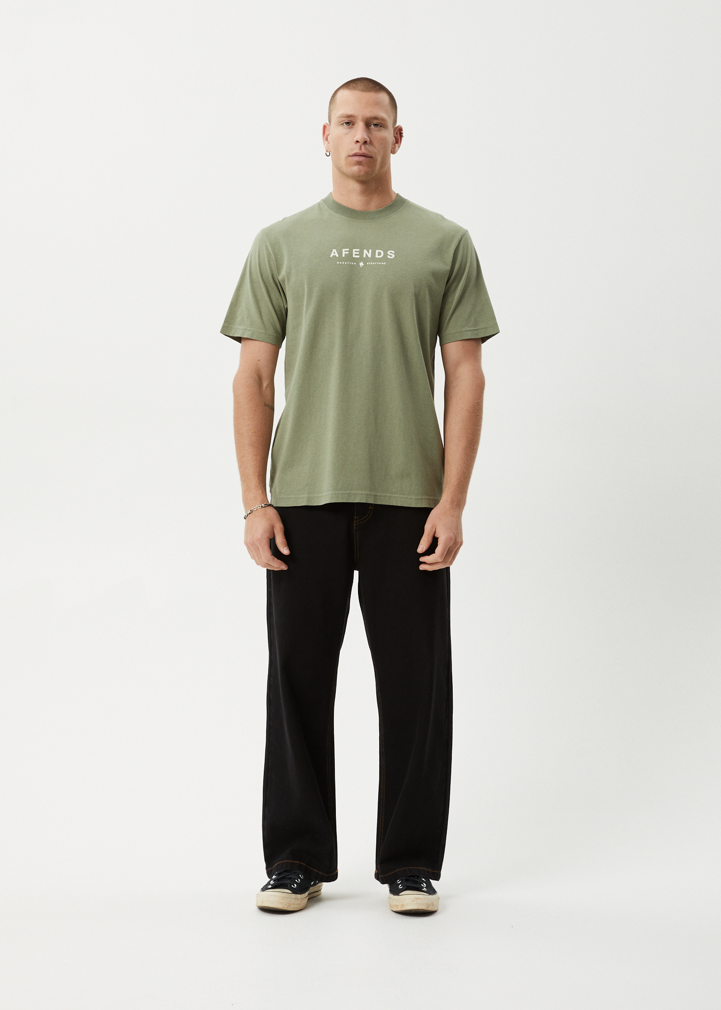 AFENDS Mens Thrown Out - Retro Tee - Oil Green