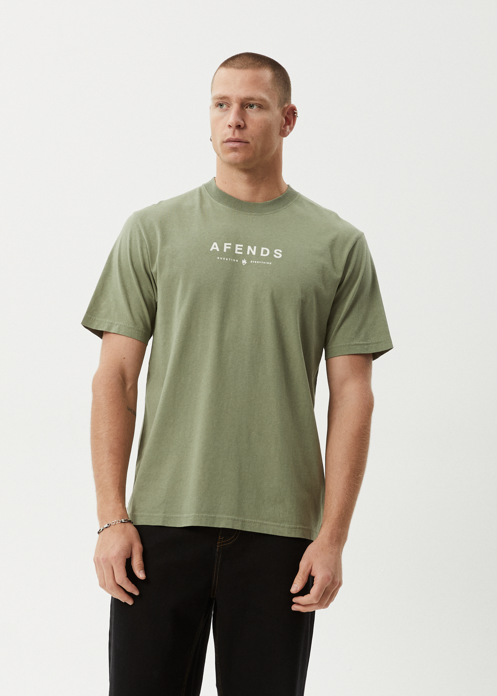 AFENDS Mens Thrown Out - Retro Tee - Oil Green