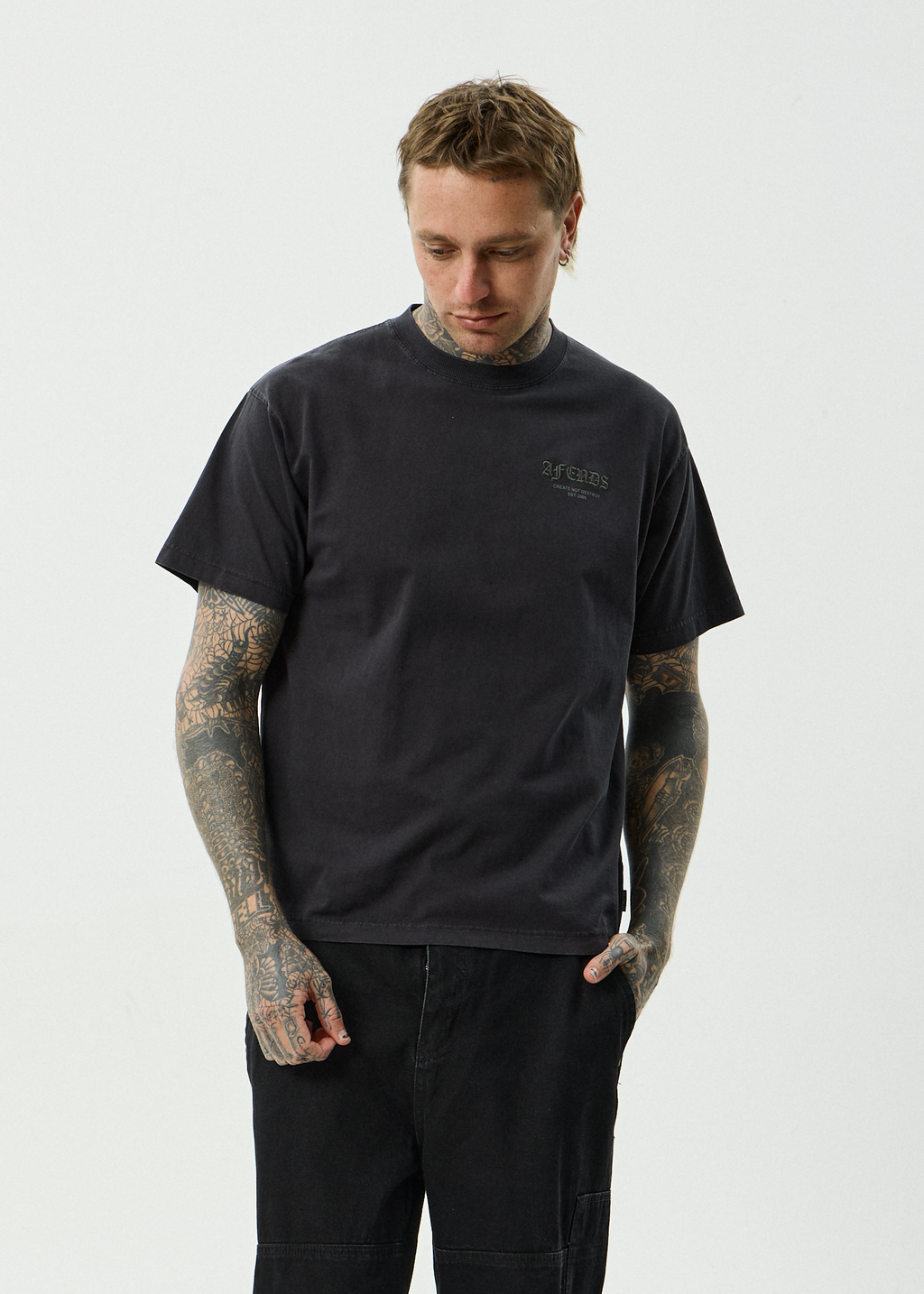 AFENDS Mens Hq - Recycled Boxy Fit Tee - Stone Black