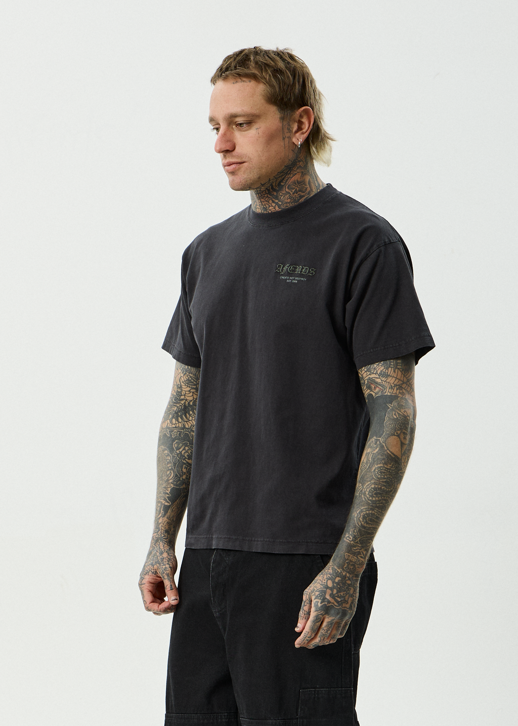AFENDS Mens Hq - Recycled Boxy Fit Tee - Stone Black