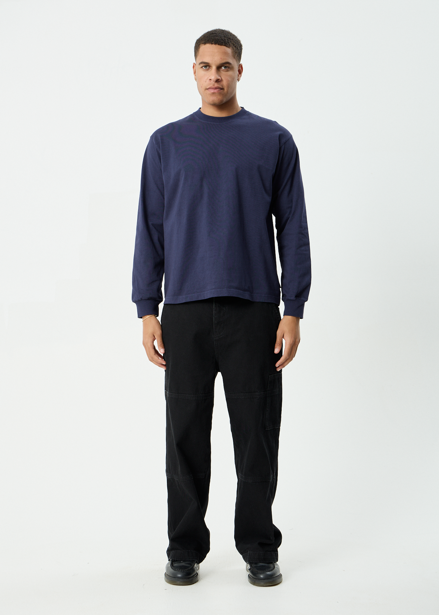 AFENDS Mens Genesis - Boxy Long Sleeve Tee - Washed Deep Sea