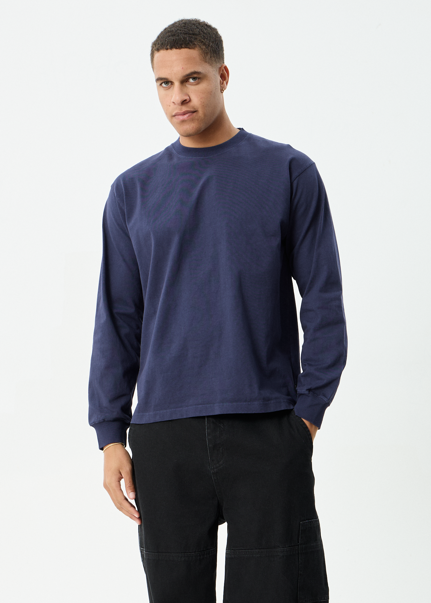 AFENDS Mens Genesis - Boxy Long Sleeve Tee - Washed Deep Sea