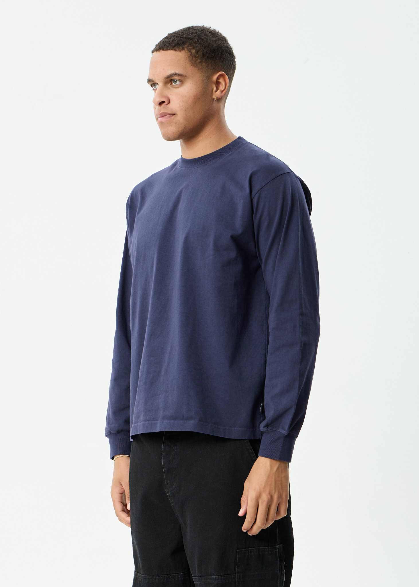 AFENDS Mens Genesis - Boxy Long Sleeve Tee - Washed Deep Sea