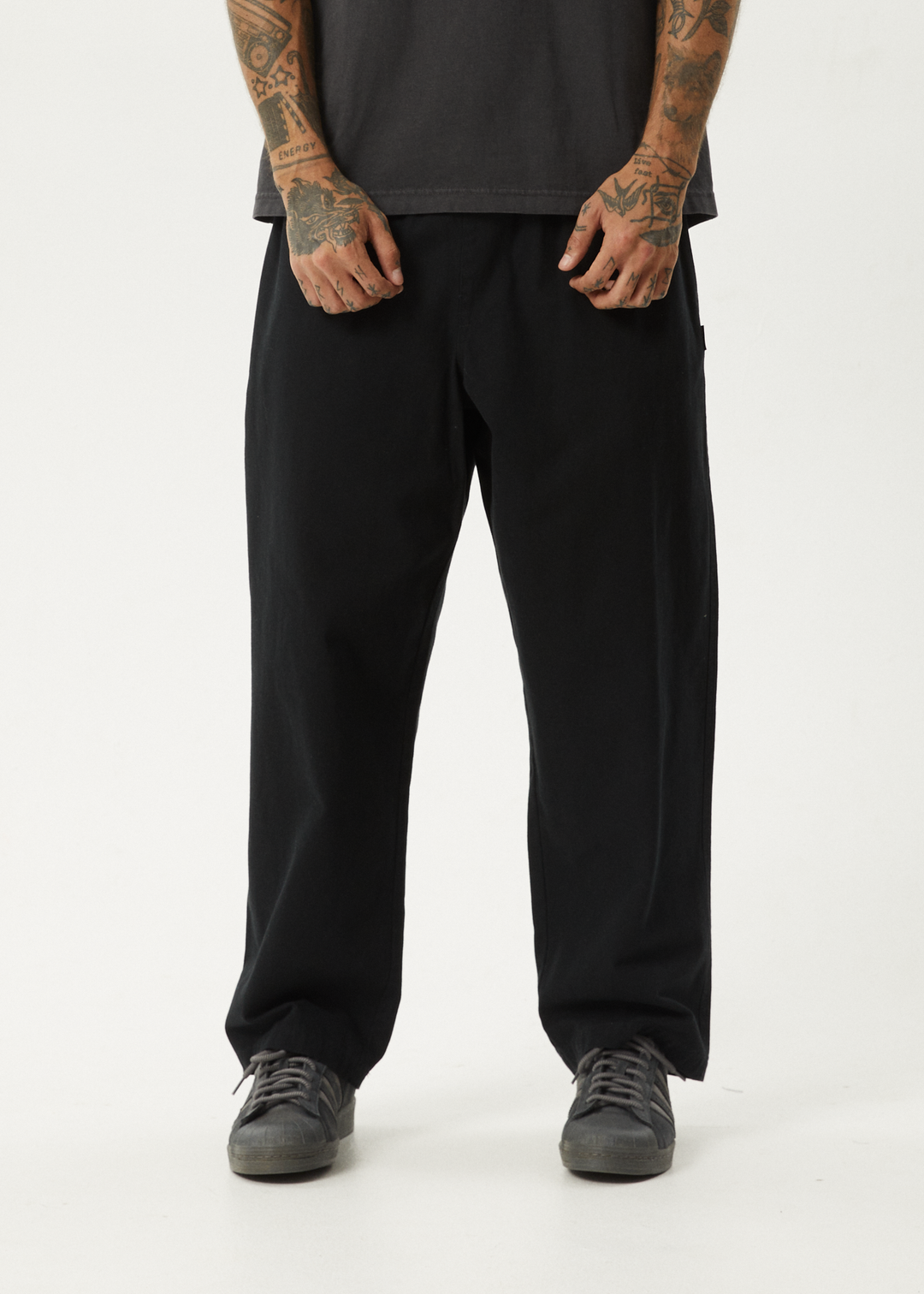 AFENDS Mens Ninety Eights - Baggy Elastic Waist Pants - Black 