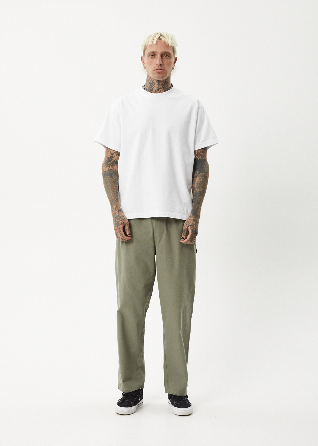 AFENDS Mens Ninety Eights Baggy Elastic Waist Pants Olive