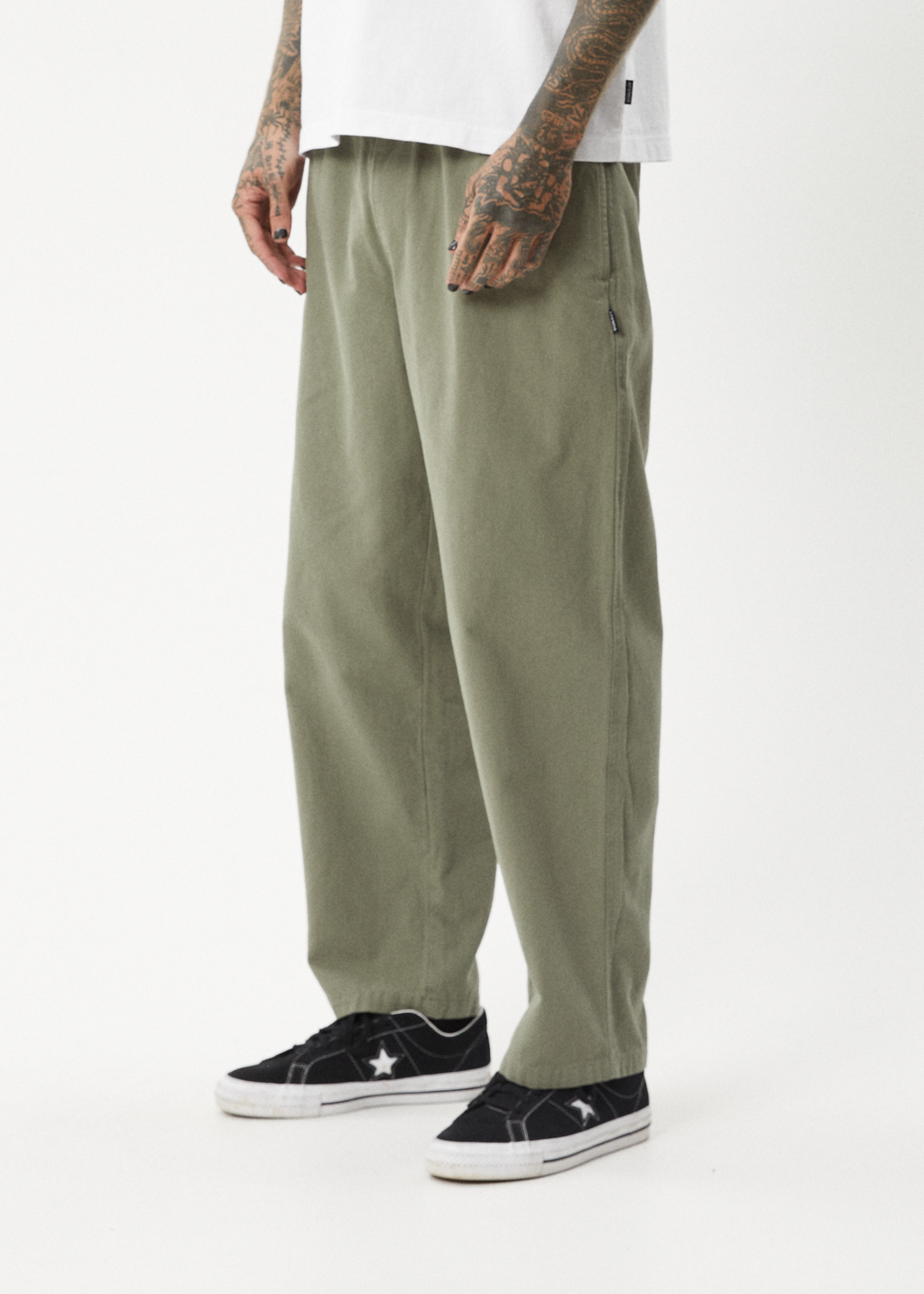 AFENDS Mens Ninety Eights - Baggy Elastic Waist Pant - Olive