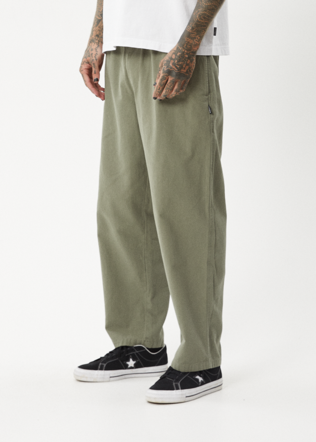 AFENDS Mens Ninety Eights - Baggy Elastic Waist Pants - Olive 