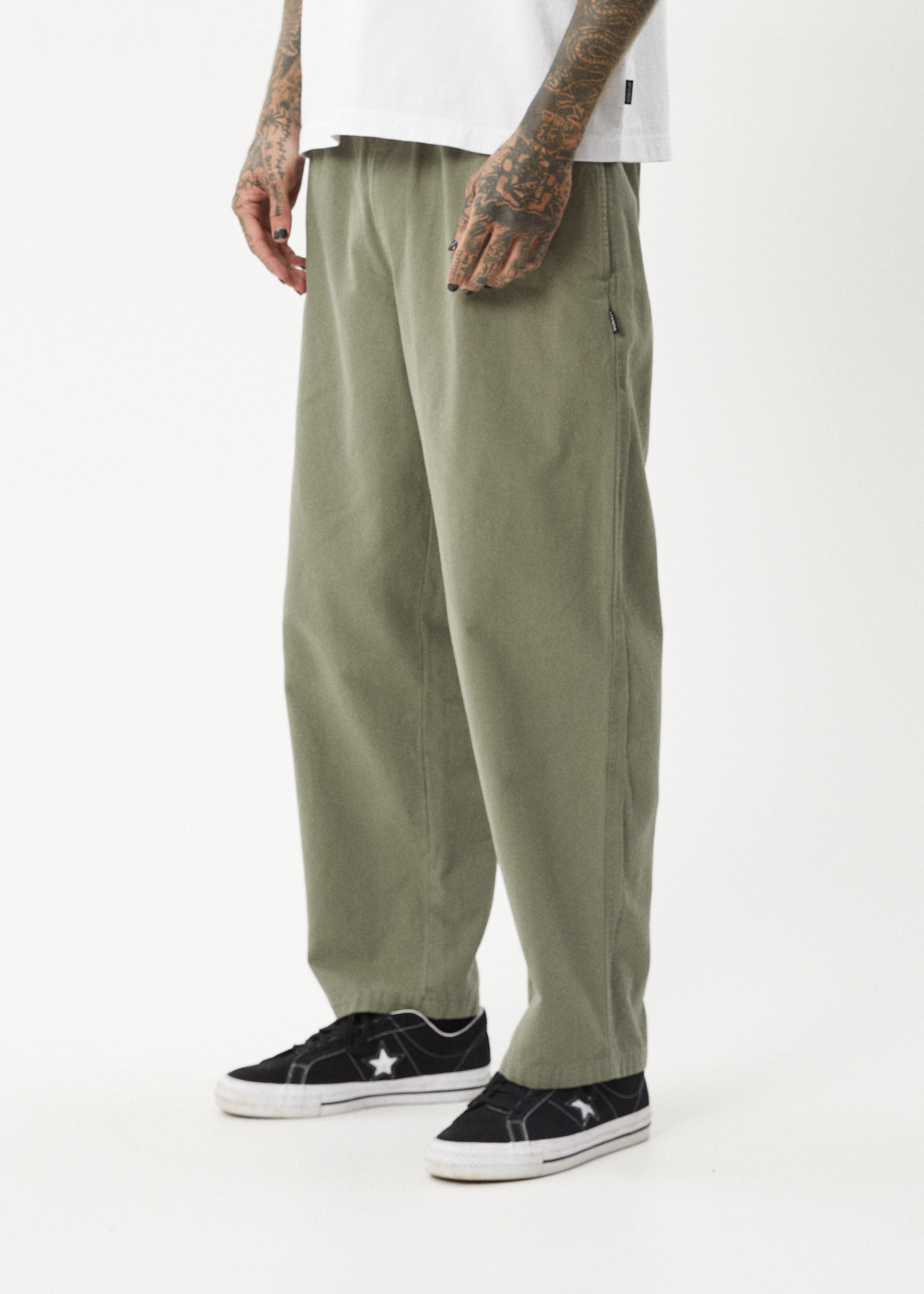 AFENDS Mens Ninety Eights - Baggy Elastic Waist Pant - Olive