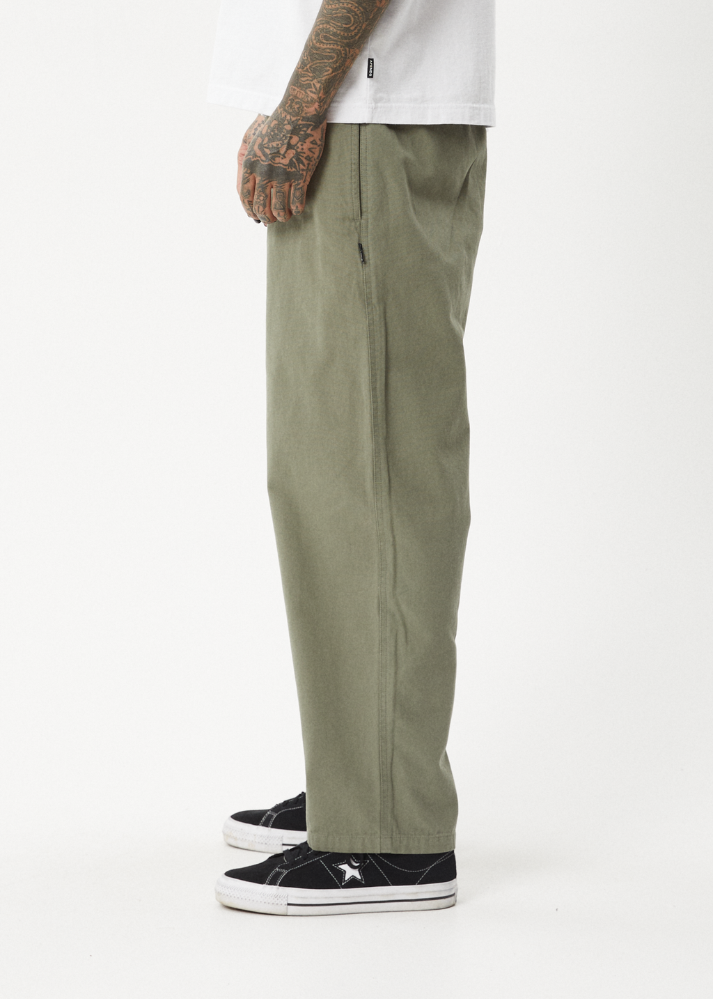 AFENDS Mens Ninety Eights - Baggy Elastic Waist Pant - Olive