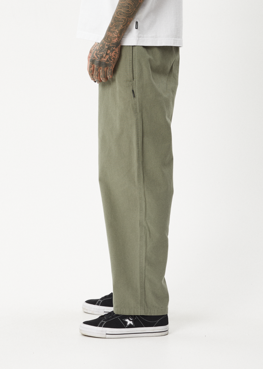 AFENDS Mens Ninety Eights - Baggy Elastic Waist Pants - Olive 