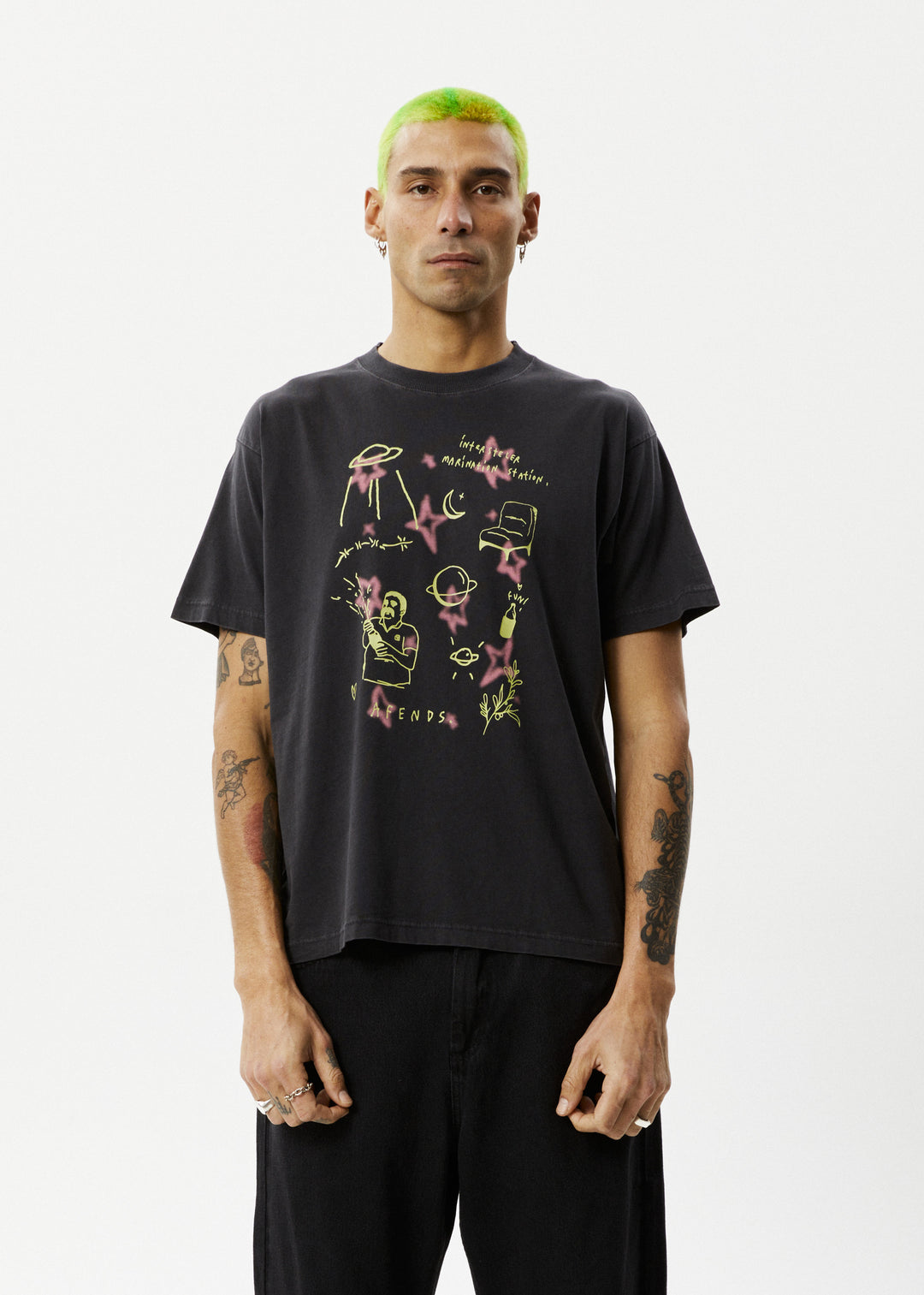 AFENDS Mens Microdose - Boxy Fit Tee - Stone Black 