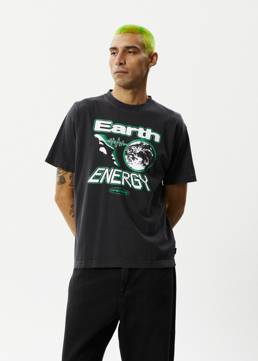 AFENDS Mens Earth Energy - Boxy Fit Tee - Stone Black 