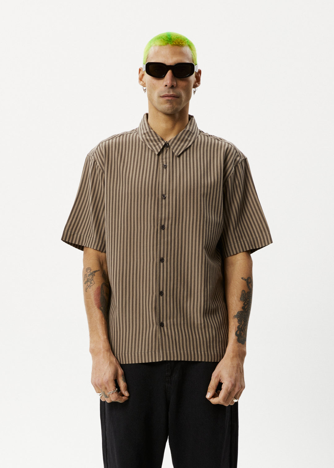 AFENDS Mens Space - Short Sleeve Shirt - Coffee Stripe 