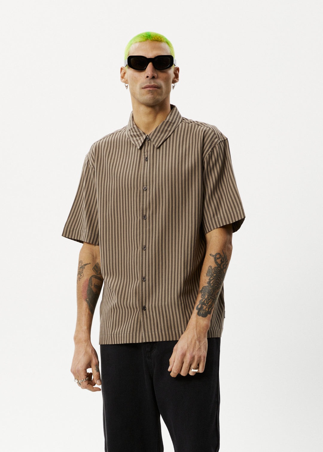 AFENDS Mens Space - Short Sleeve Shirt - Coffee Stripe 