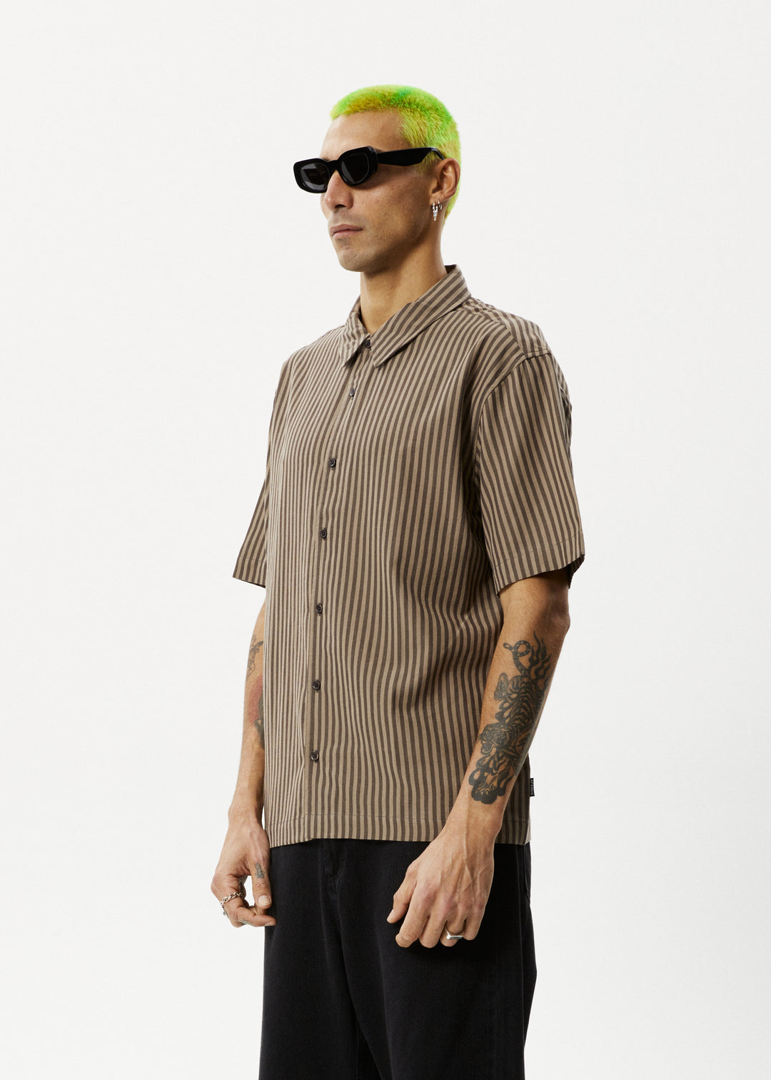 AFENDS Mens Space - Short Sleeve Shirt - Coffee Stripe 