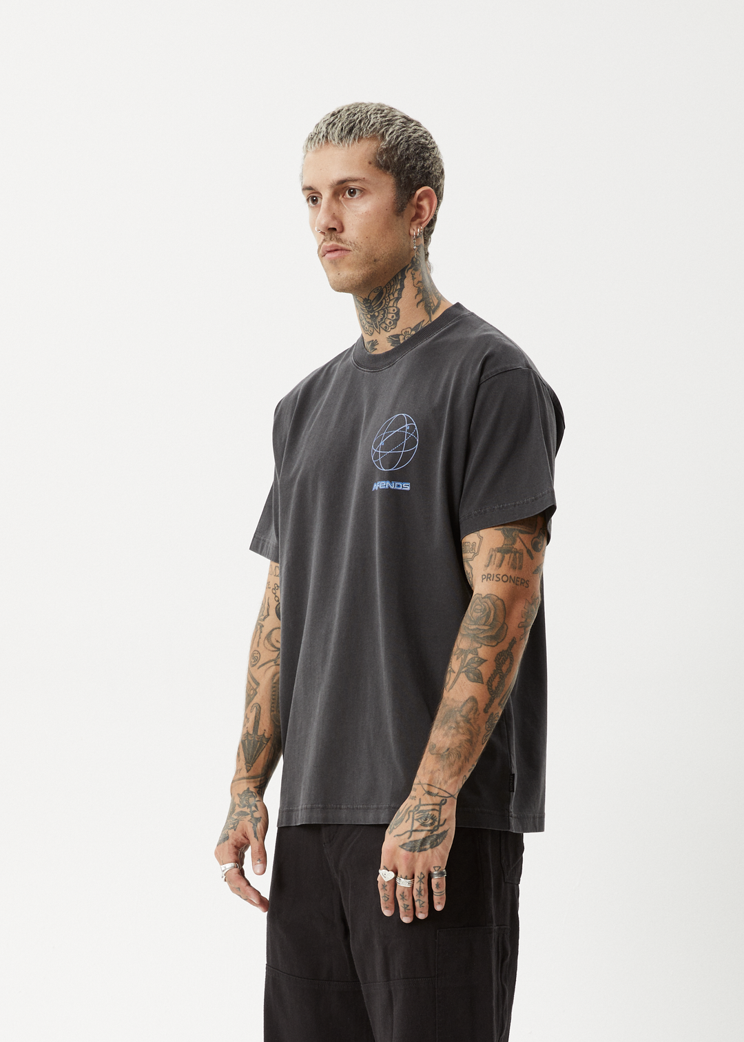 AFENDS Mens Globalisation - Boxy T-Shirt - Stone Black 