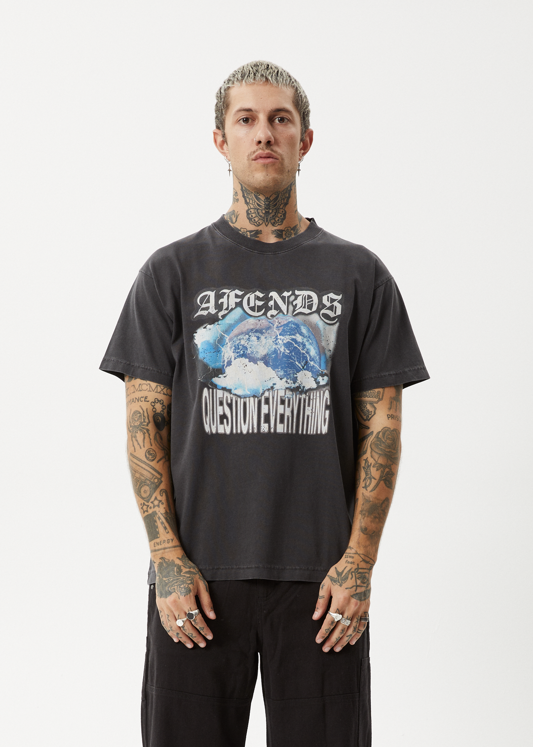 AFENDS Mens Return - Boxy T-Shirt - Stone Black 