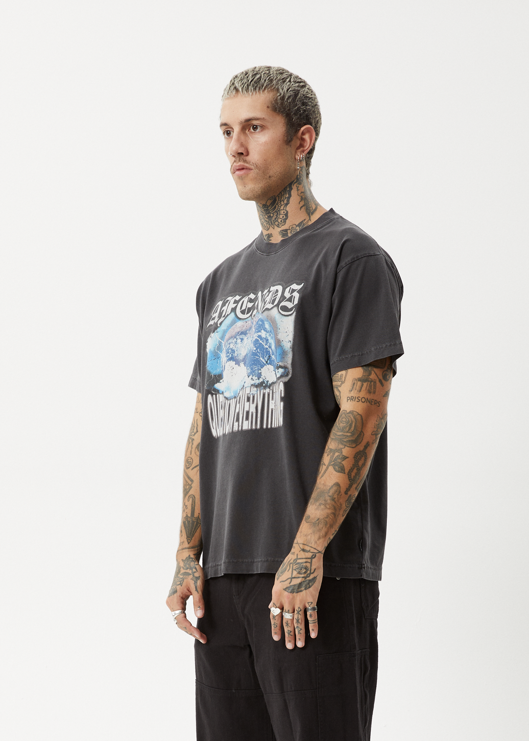 AFENDS Mens Return - Boxy T-Shirt - Stone Black 