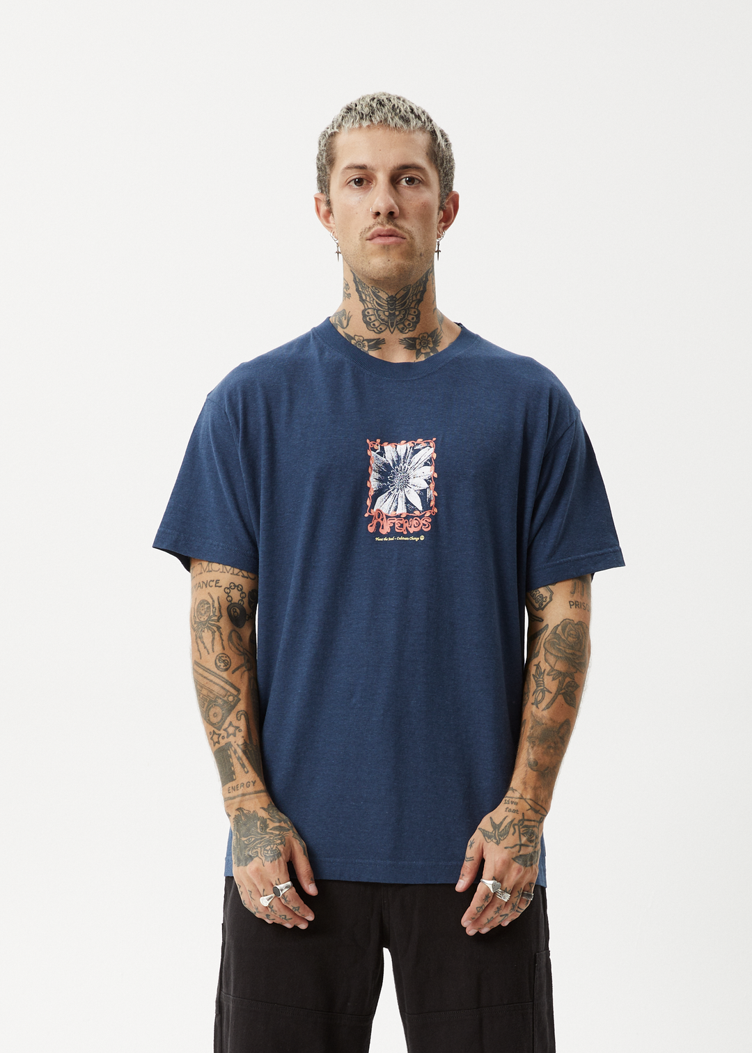 AFENDS Mens Sunflower - Boxy T-Shirt - Navy 