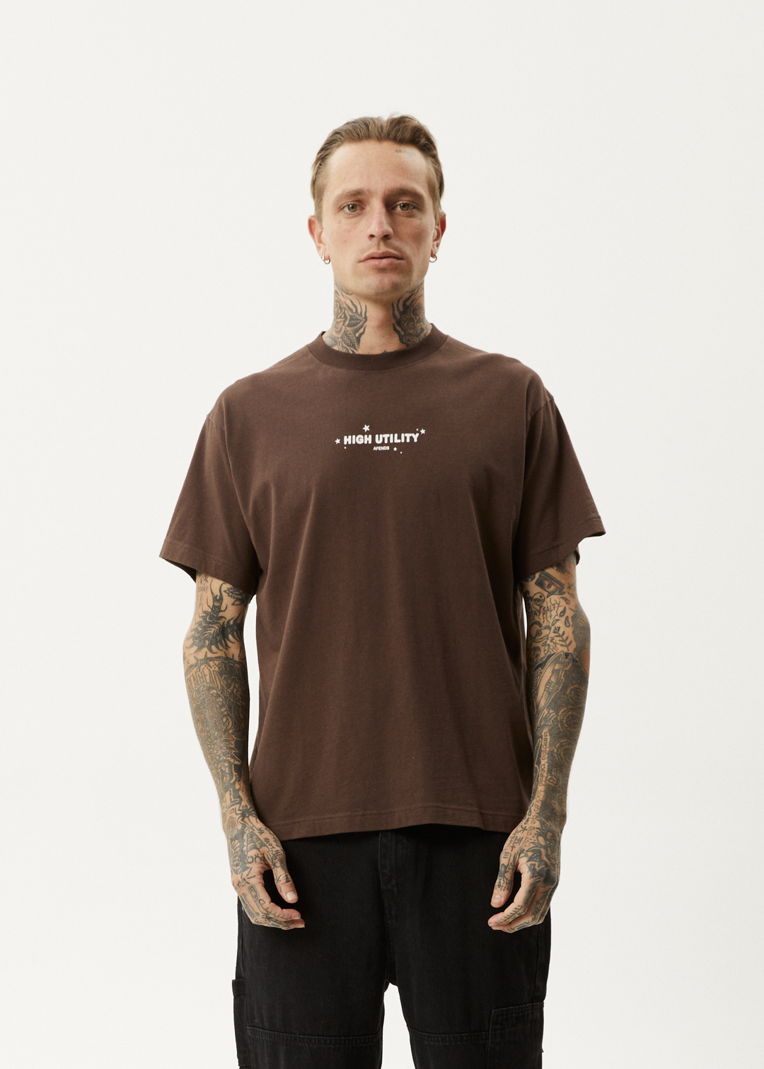 AFENDS Mens High Utility - Boxy T-Shirt - Coffee 