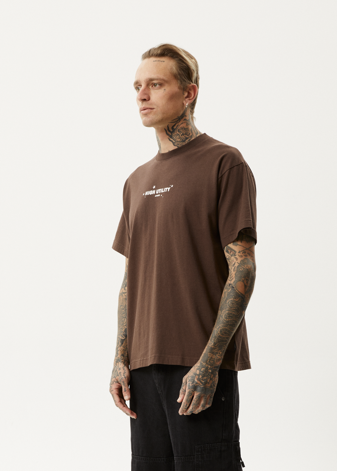 AFENDS Mens High Utility - Boxy T-Shirt - Coffee 