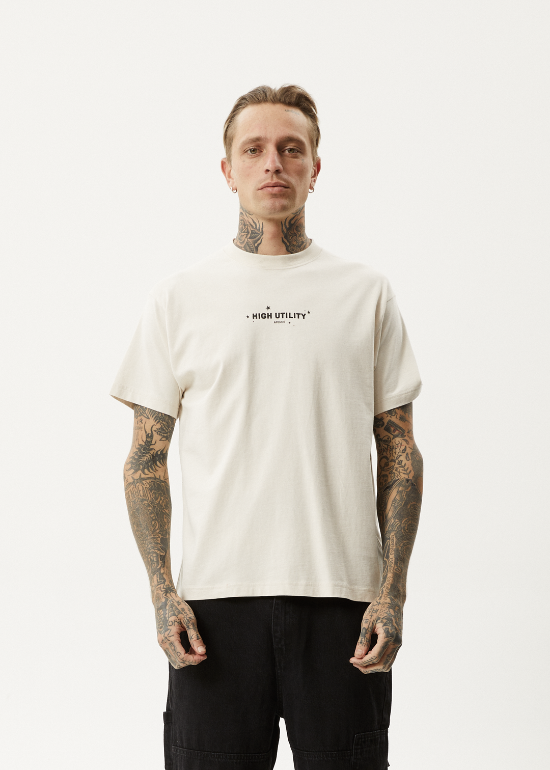 AFENDS Mens High Utility - Boxy T-Shirt - Moonbeam 