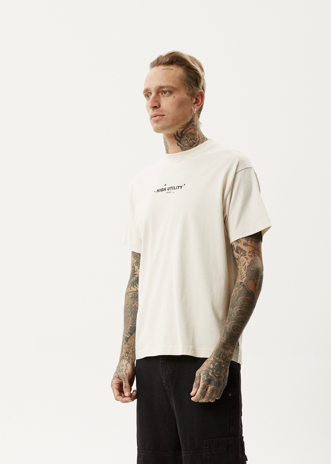 AFENDS Mens High Utility - Boxy T-Shirt - Moonbeam 