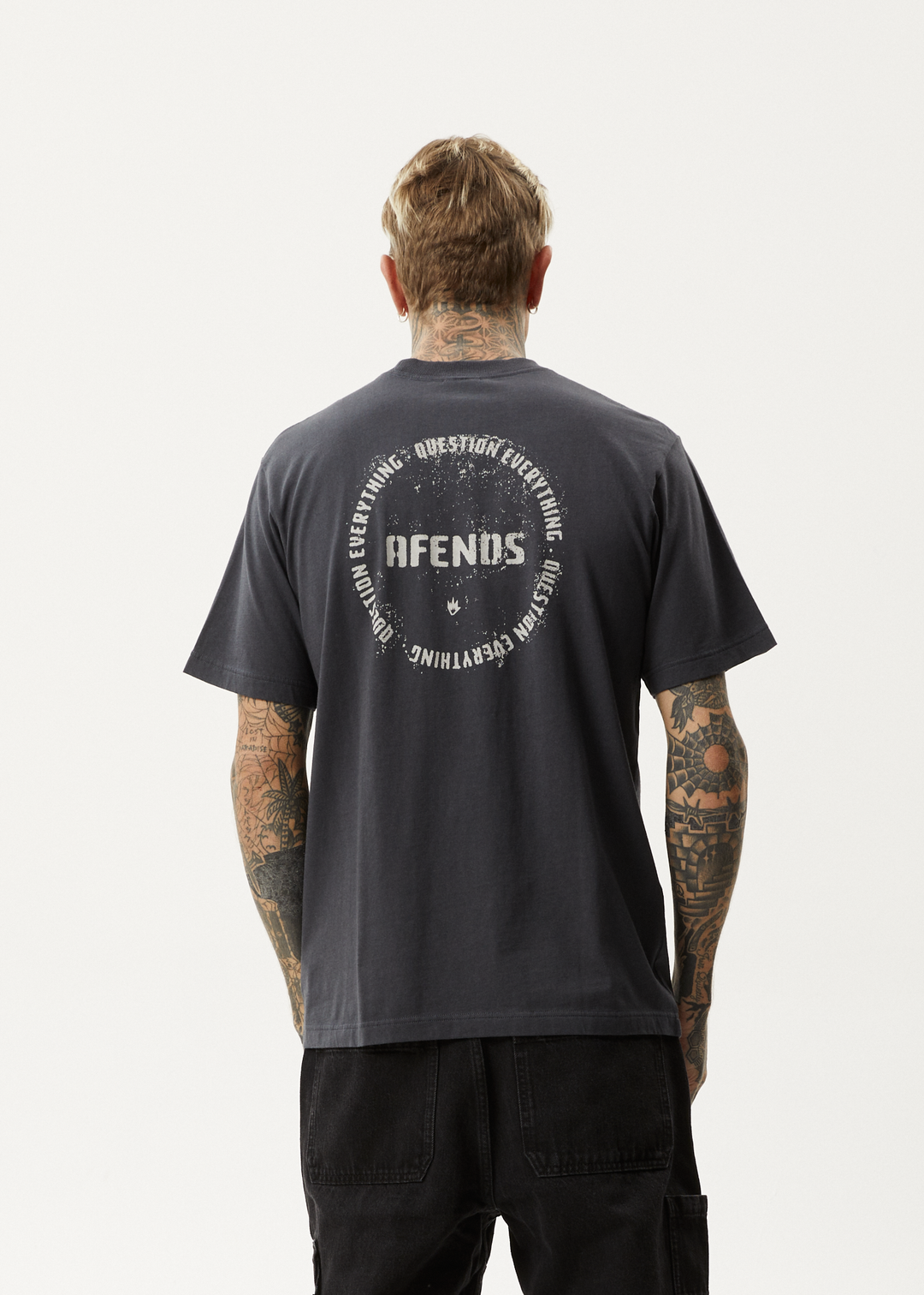 AFENDS Mens Questions - Retro T-Shirt - Charcoal 