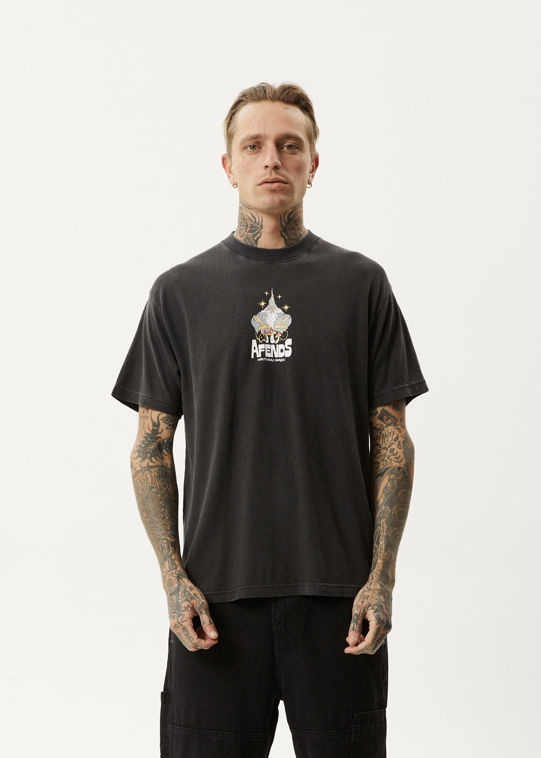 AFENDS Mens Magic Wizzo - Boxy T-Shirt - Stone Black 