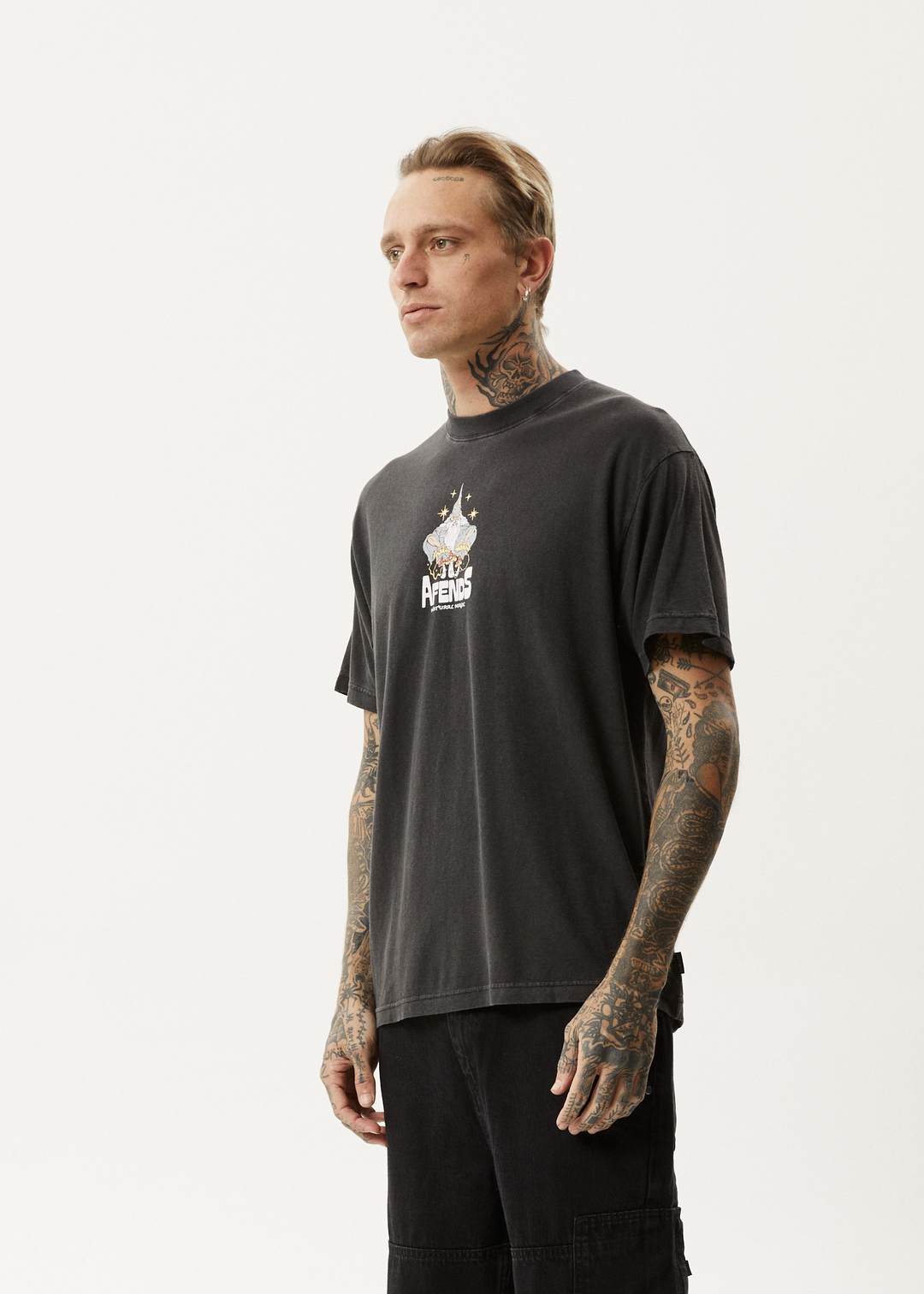 AFENDS Mens Magic Wizzo - Boxy T-Shirt - Stone Black 