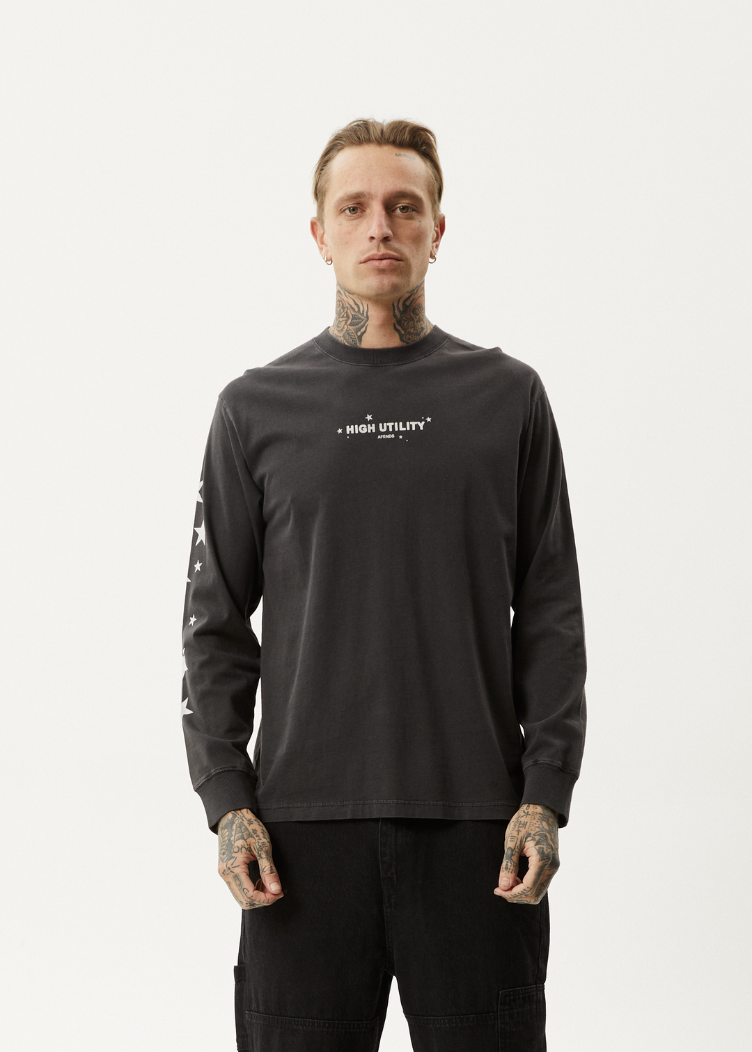 AFENDS Mens High Utility - Long Sleeve T-Shirt - Stone Black 