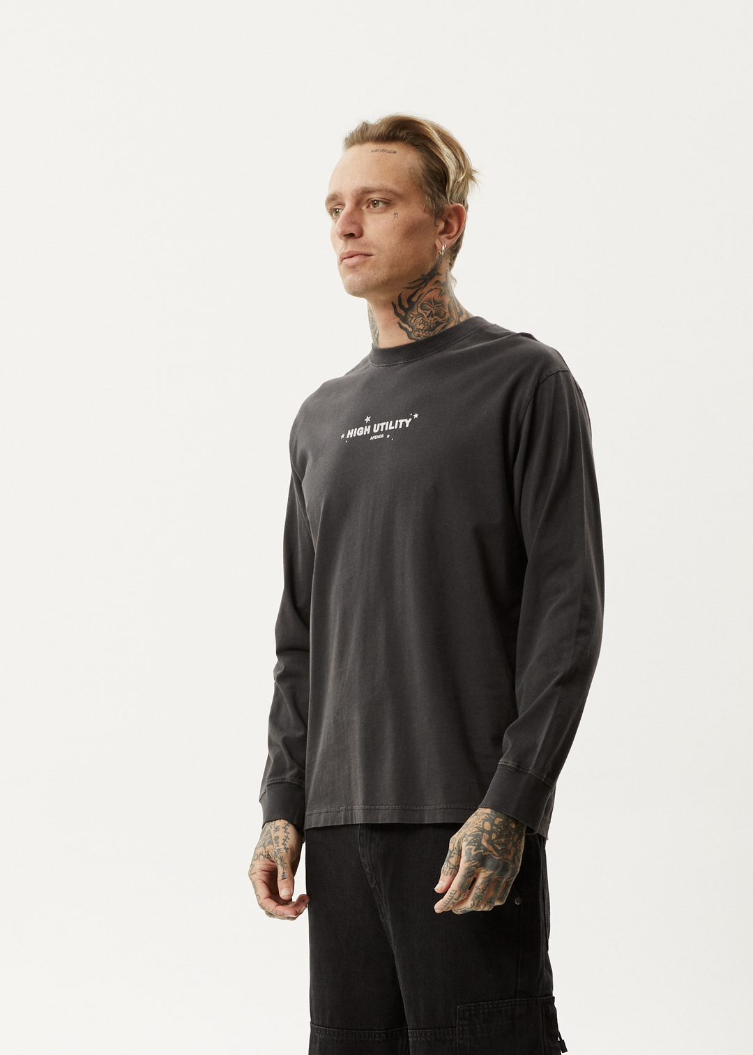 AFENDS Mens High Utility - Long Sleeve T-Shirt - Stone Black 