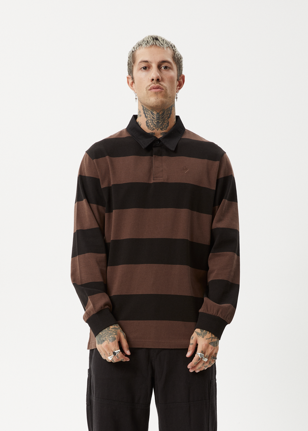 AFENDS Mens Nation - Polo Long Sleeve T-Shirt - Coffee Stripe 