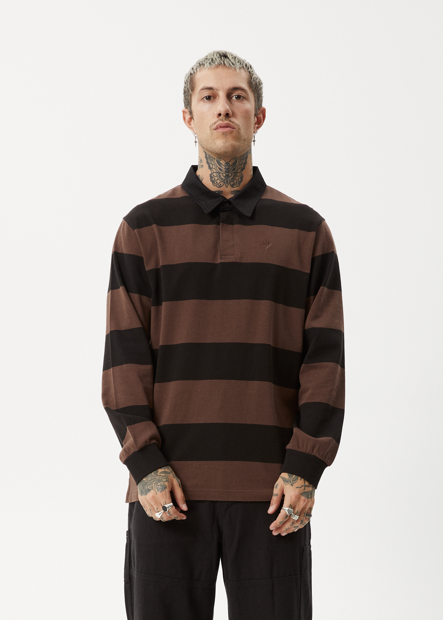 AFENDS Mens Nation - Polo Long Sleeve Tee - Coffee Stripe