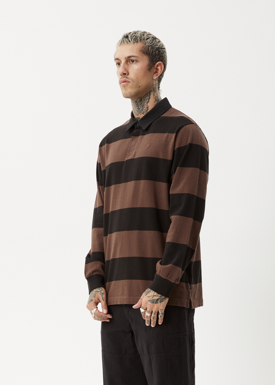 AFENDS Mens Nation - Polo Long Sleeve T-Shirt - Coffee Stripe 