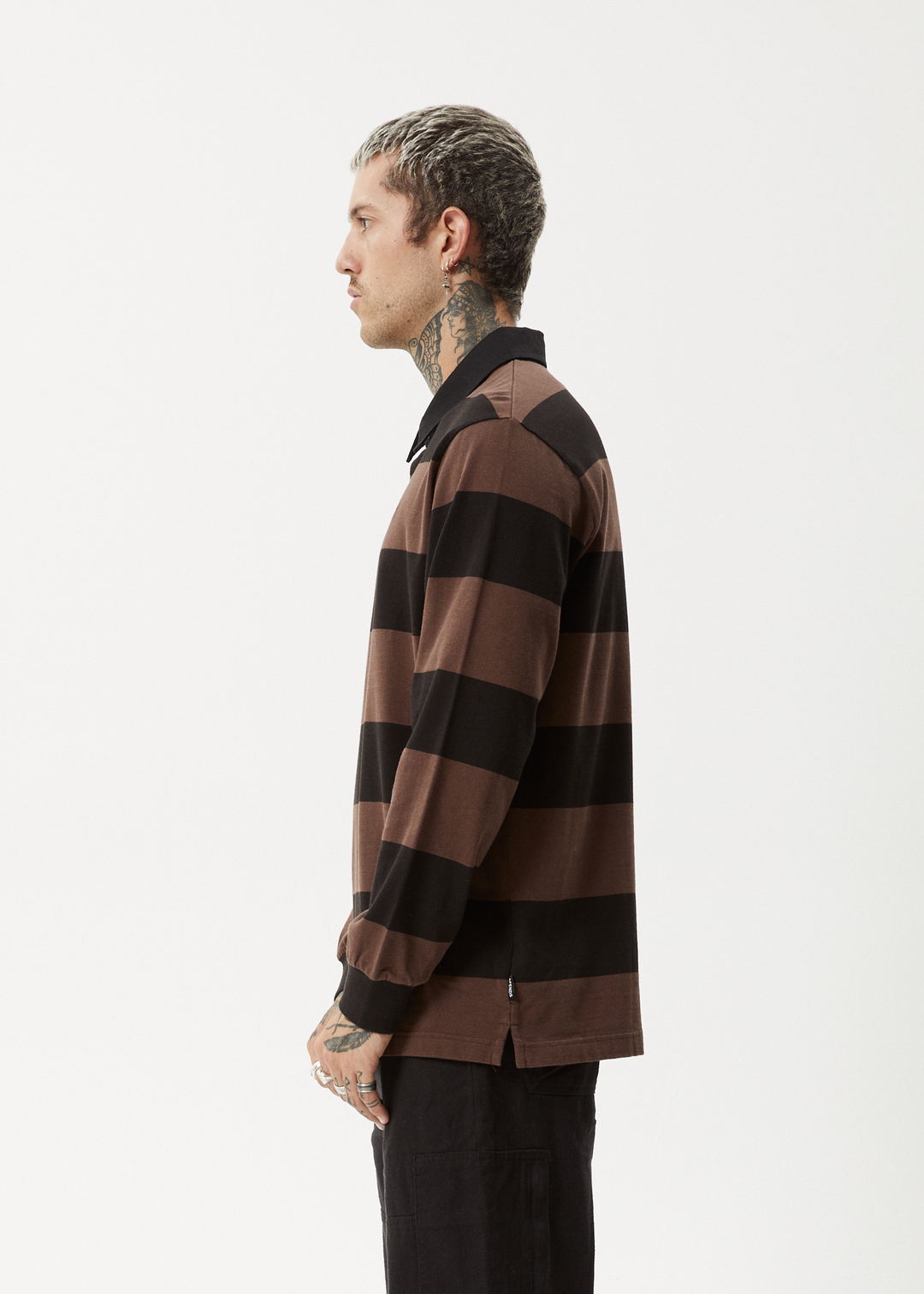 AFENDS Mens Nation - Polo Long Sleeve T-Shirt - Coffee Stripe 