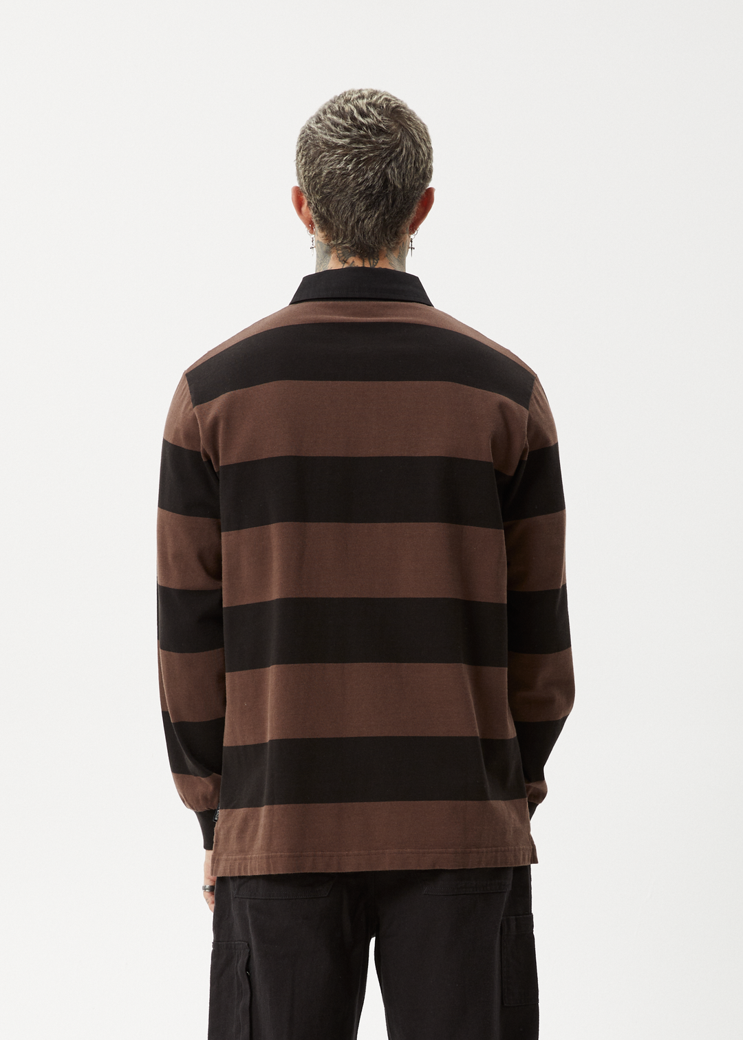 AFENDS Mens Nation - Polo Long Sleeve T-Shirt - Coffee Stripe 