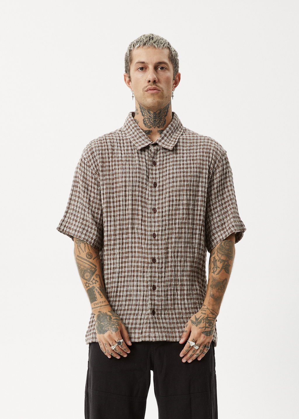 AFENDS Mens Base - Seersucker Short Sleeve Shirt - Coffee Check