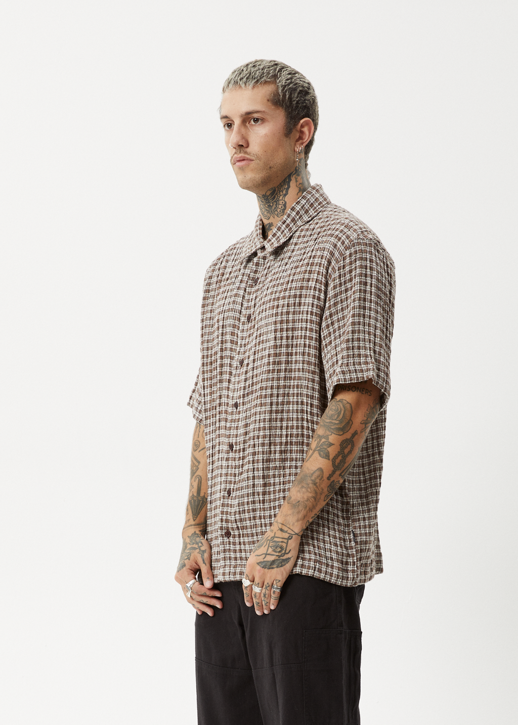 AFENDS Mens Base - Seersucker Short Sleeve Shirt - Coffee Check