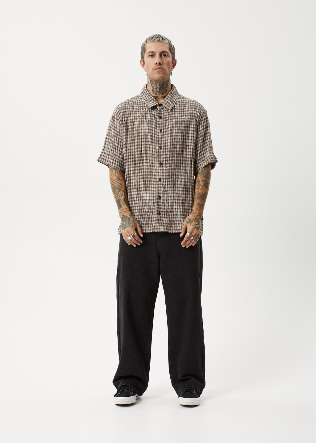 AFENDS Mens Base - Seersucker Short Sleeve Shirt - Coffee Check