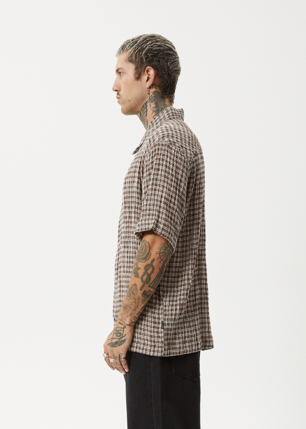 AFENDS Mens Base - Seersucker Short Sleeve Shirt - Coffee Check