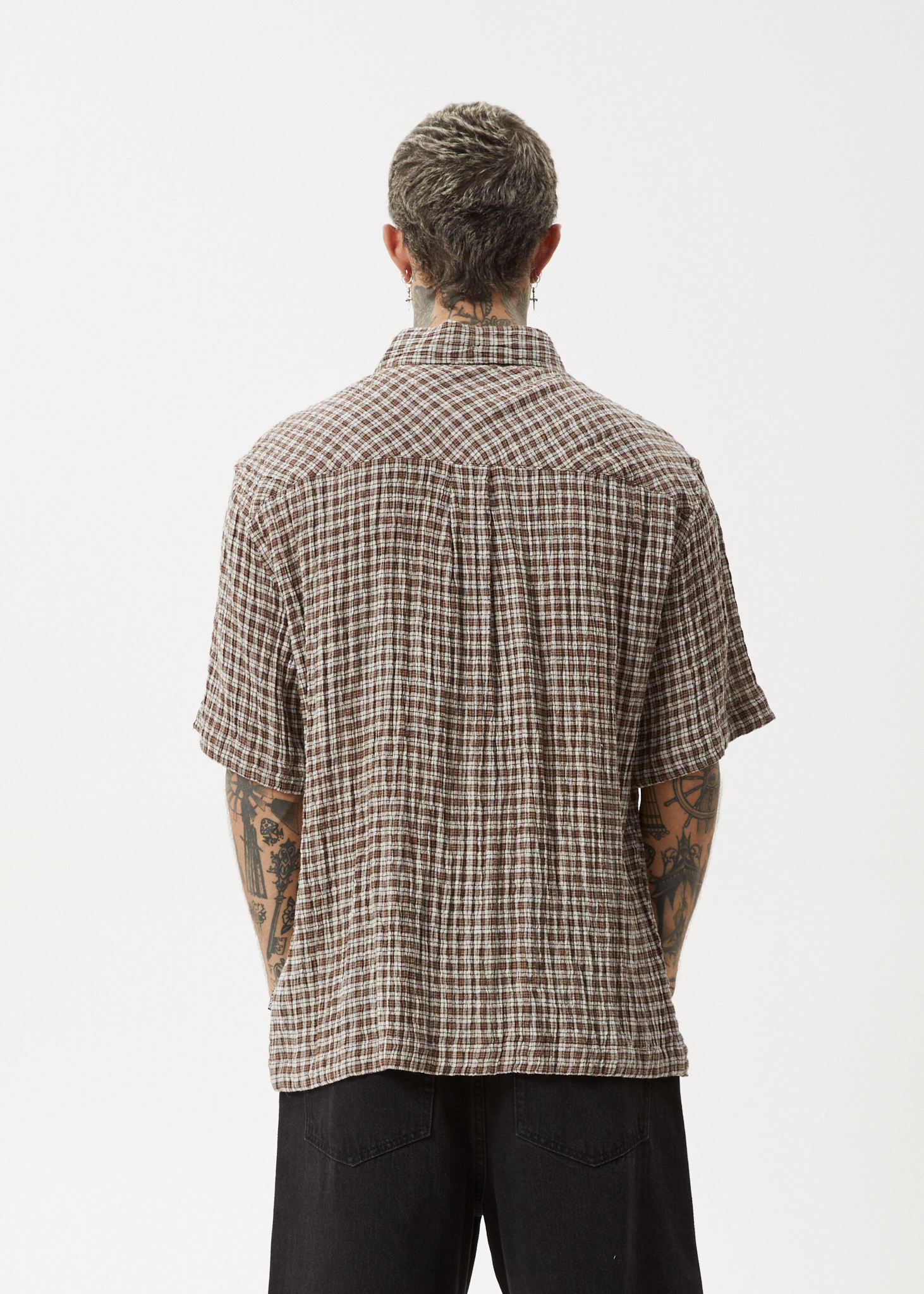 AFENDS Mens Base - Seersucker Short Sleeve Shirt - Coffee Check