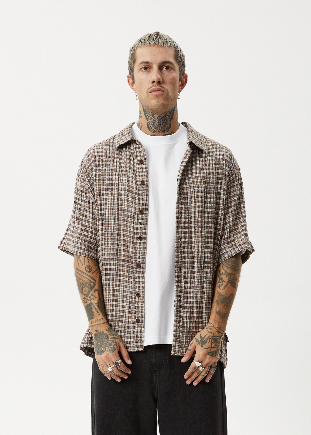 AFENDS Mens Base - Seersucker Short Sleeve Shirt - Coffee Check