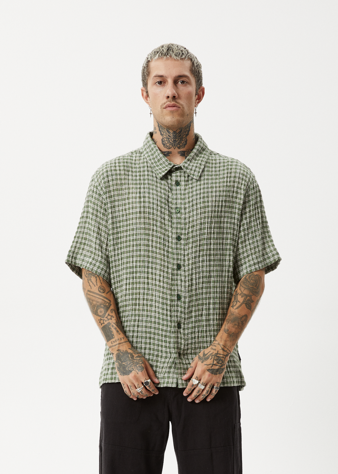 AFENDS Mens Base - Short Sleeve Shirt - Deep Green Check 