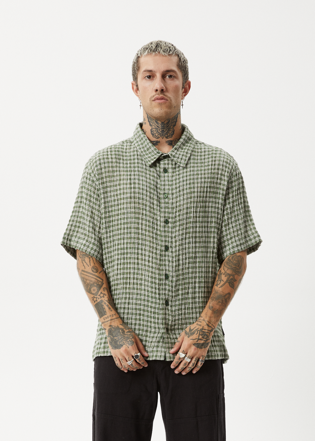 AFENDS Mens Base - Seersucker Short Sleeve Shirt - Deep Green Check