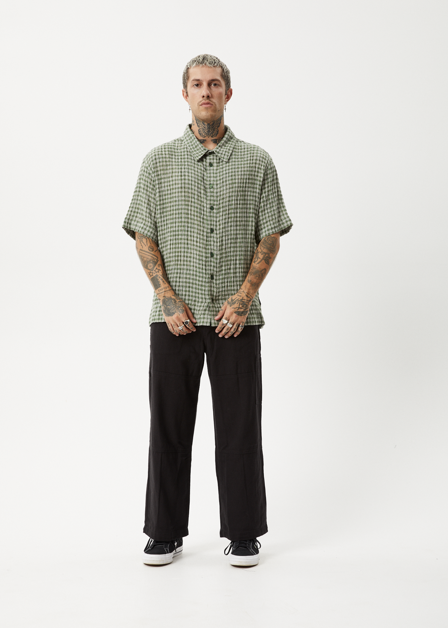 AFENDS Mens Base - Seersucker Short Sleeve Shirt - Deep Green Check